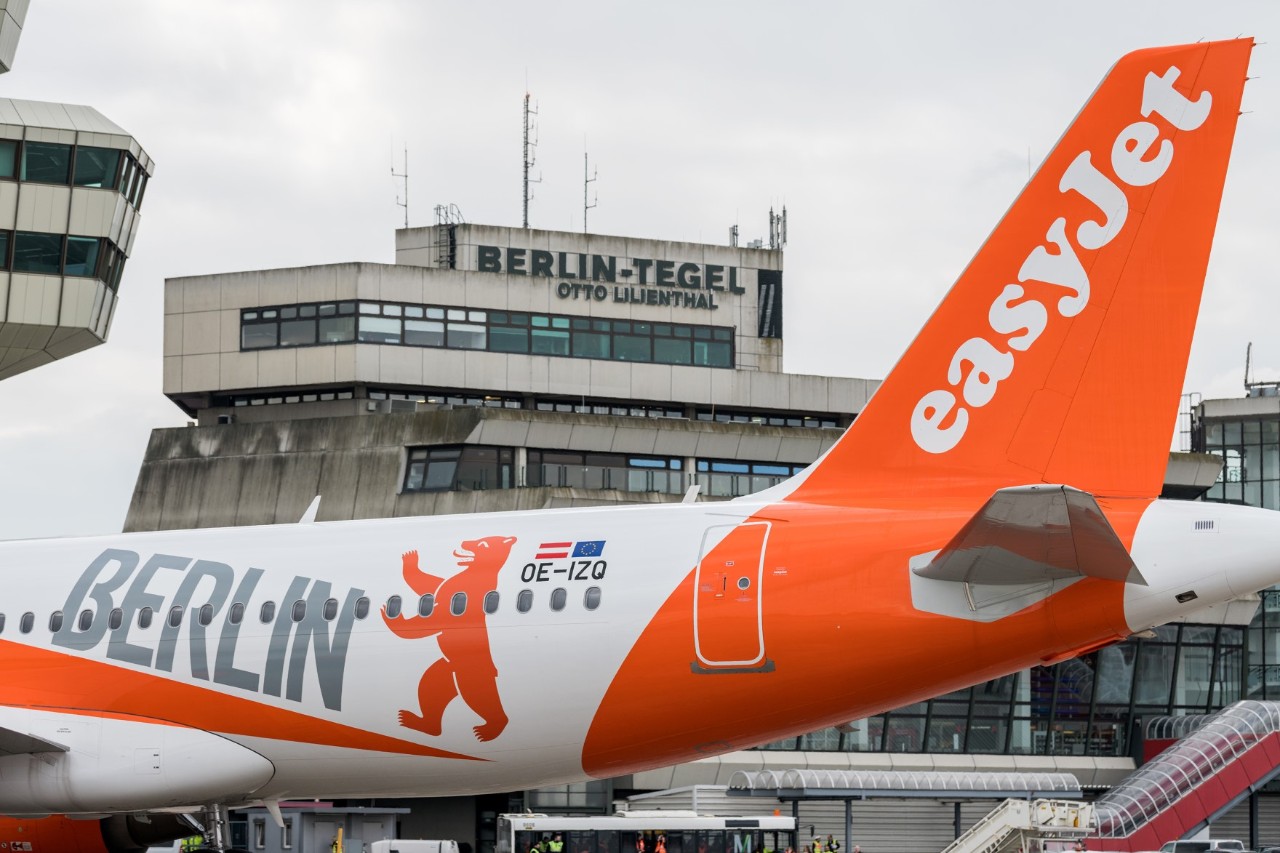 EasyJet aircraft with Berlin markings at Tegel Airport.