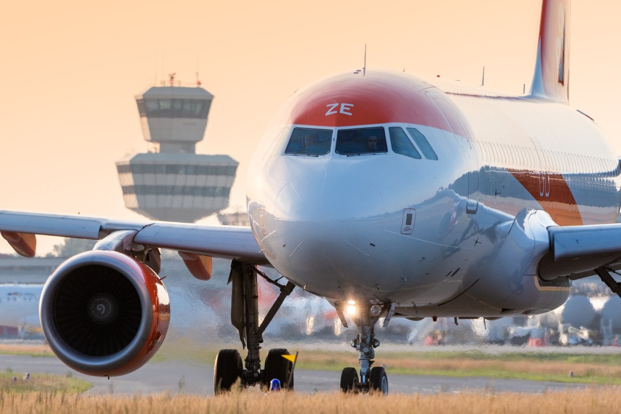 An EasyJet aircraft at sunset at Tegel Airport