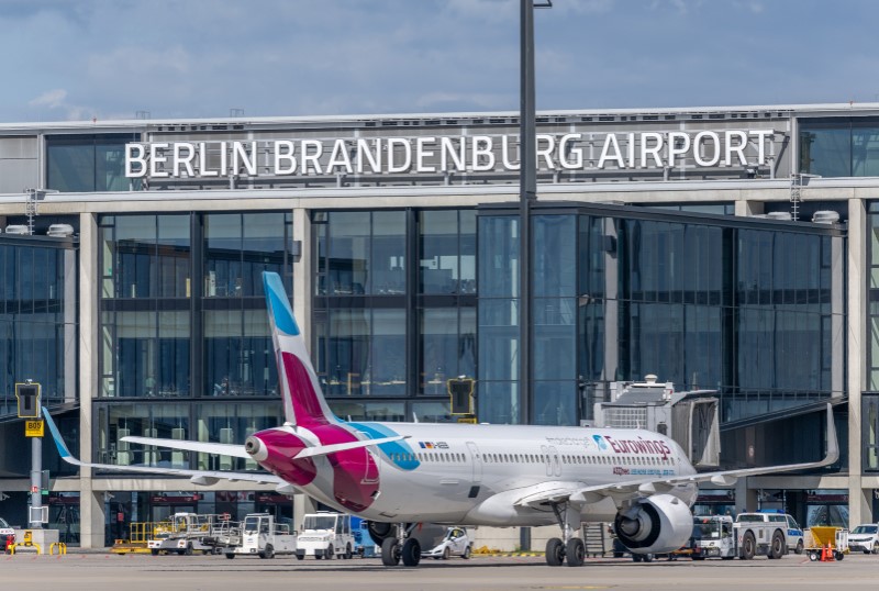 A Eurowings aircraft on the apron in front of BER Terminal 1.