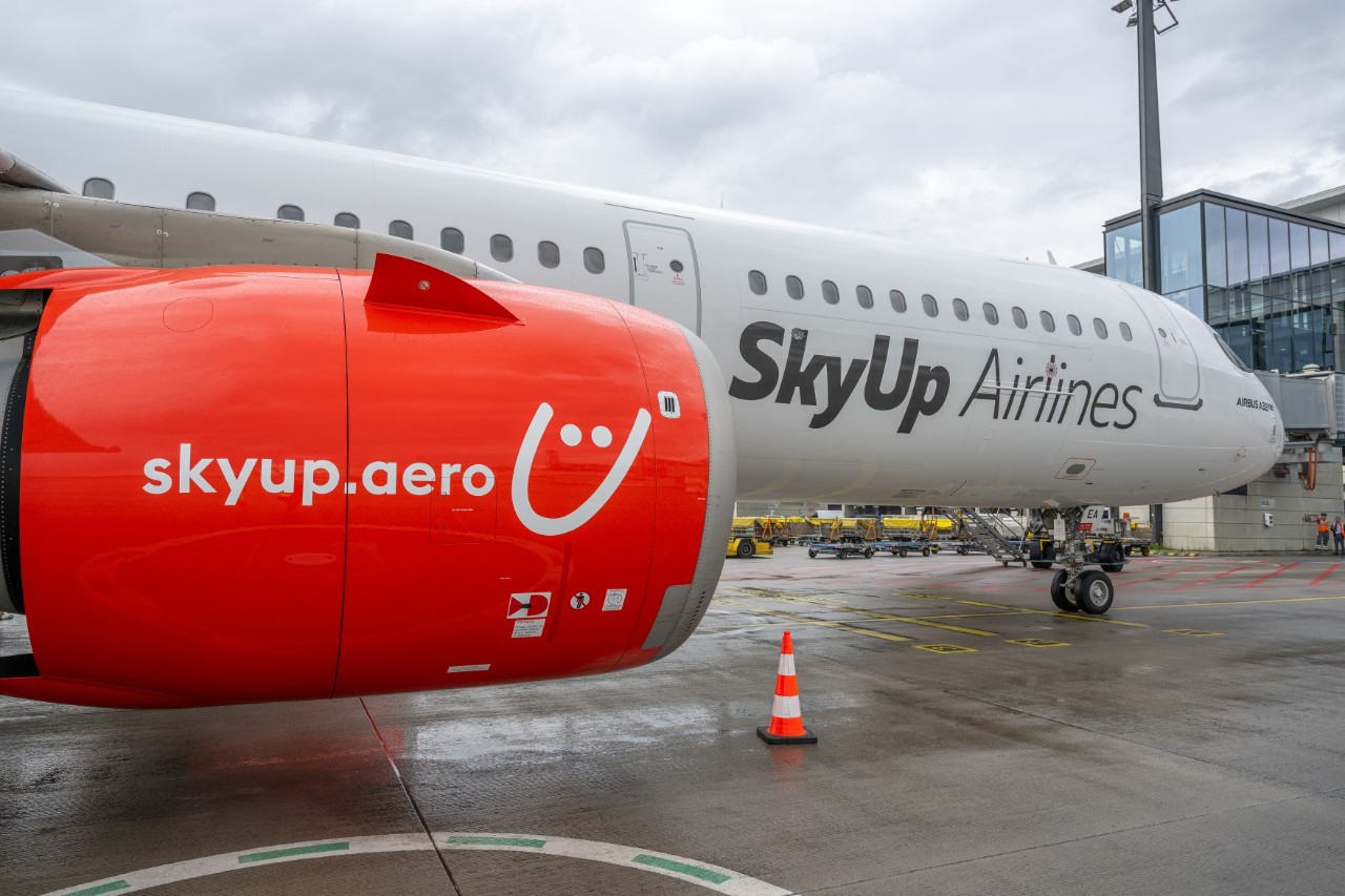 An aircraft belonging to SkyUp airline on an apron