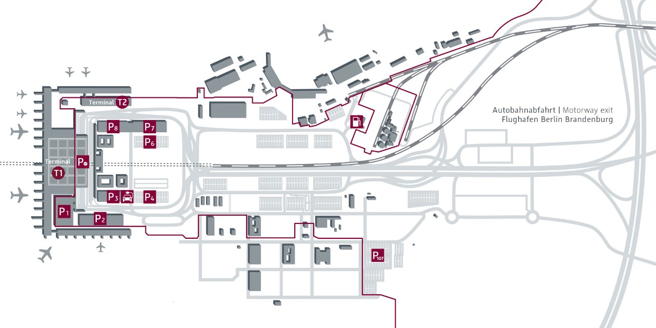 Overview map in which the car parks at BER are highlighted.