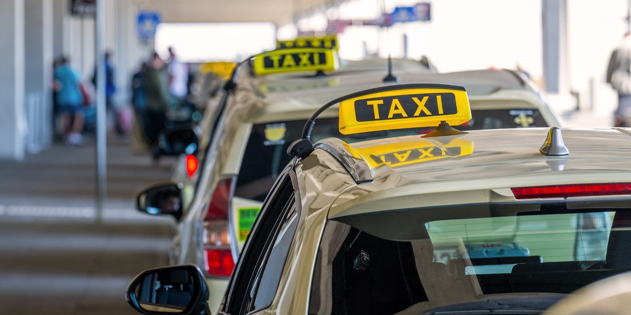 Taxis await in front of the terminal