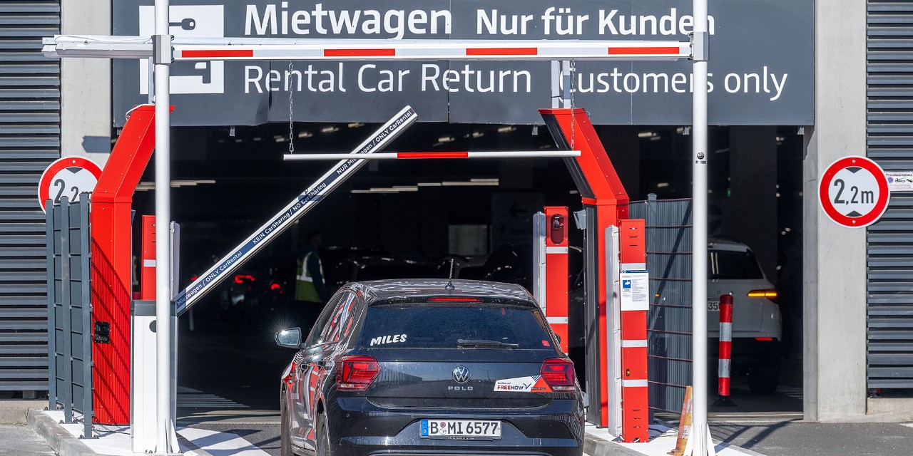 View of the entrance to the car hire centre