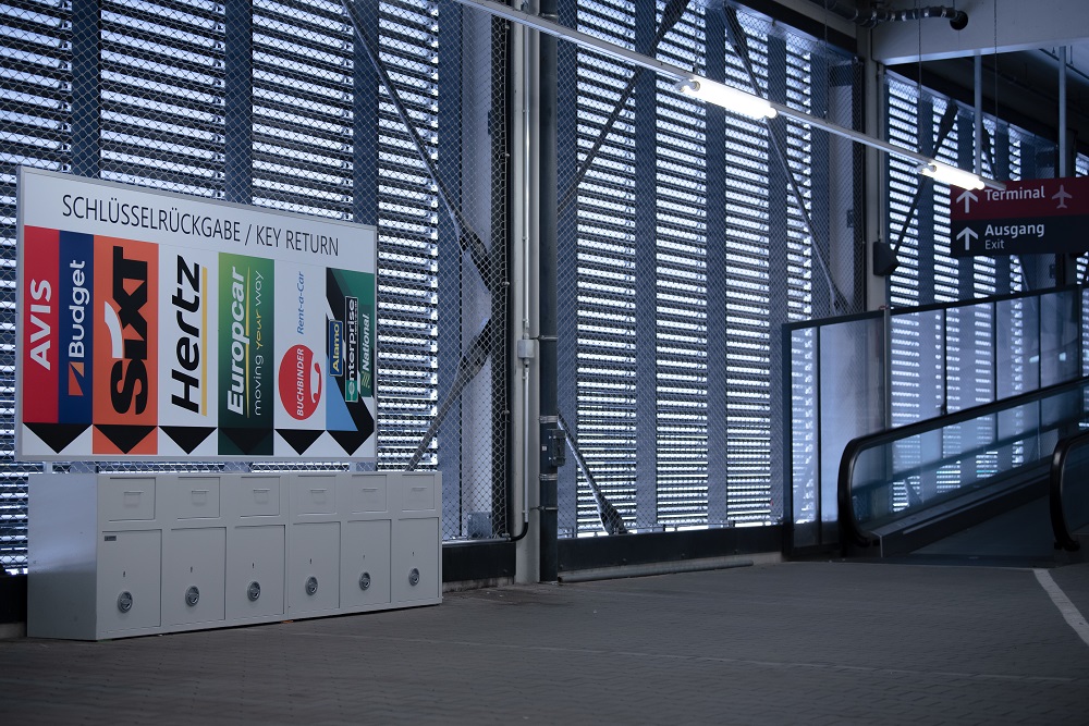Car park area with key safe for returning hire cars at BER