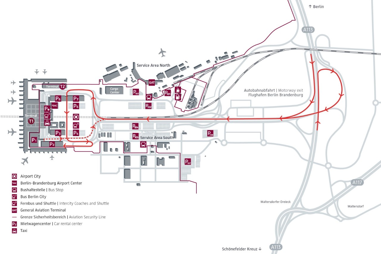 Location map with marked route to the car hire centre. The centre is located in car park P2.