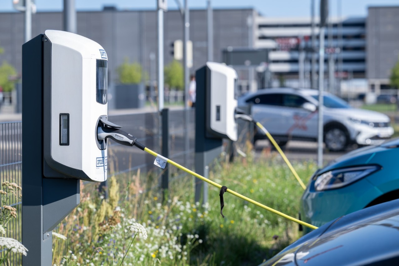 Charging boxes, vehicles in front of them