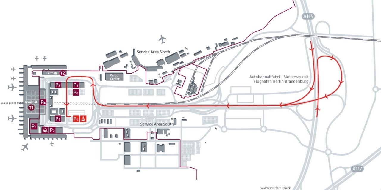 Map showing that the car sharing parking at Airport City is in front of Terminal 1.