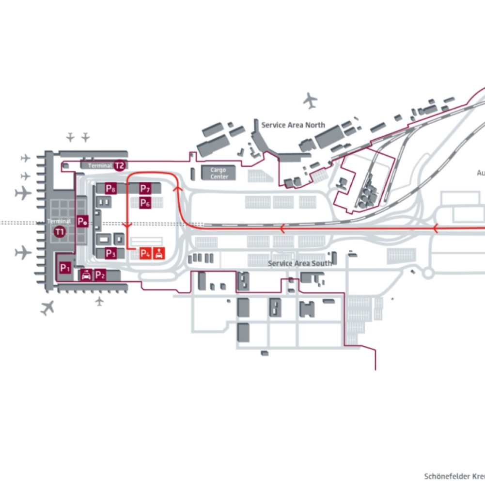 Map showing that the car sharing parking at Airport City is in front of Terminal 1.