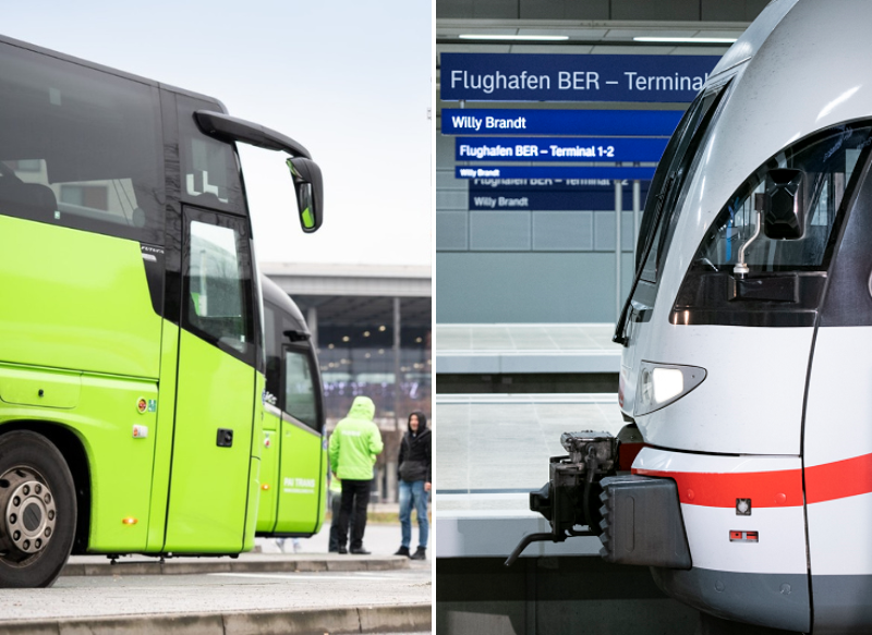 "Split image: On the left, a green long-distance coach in front of Terminal 1. On the right, a white long-distance train at the airport railway station.