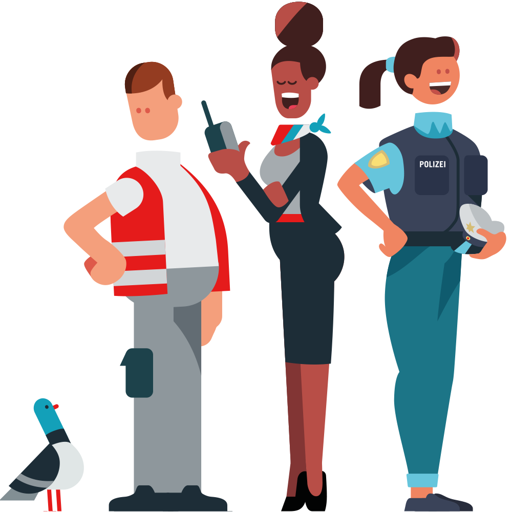 Comic strip depicting three airport employees and a pigeon